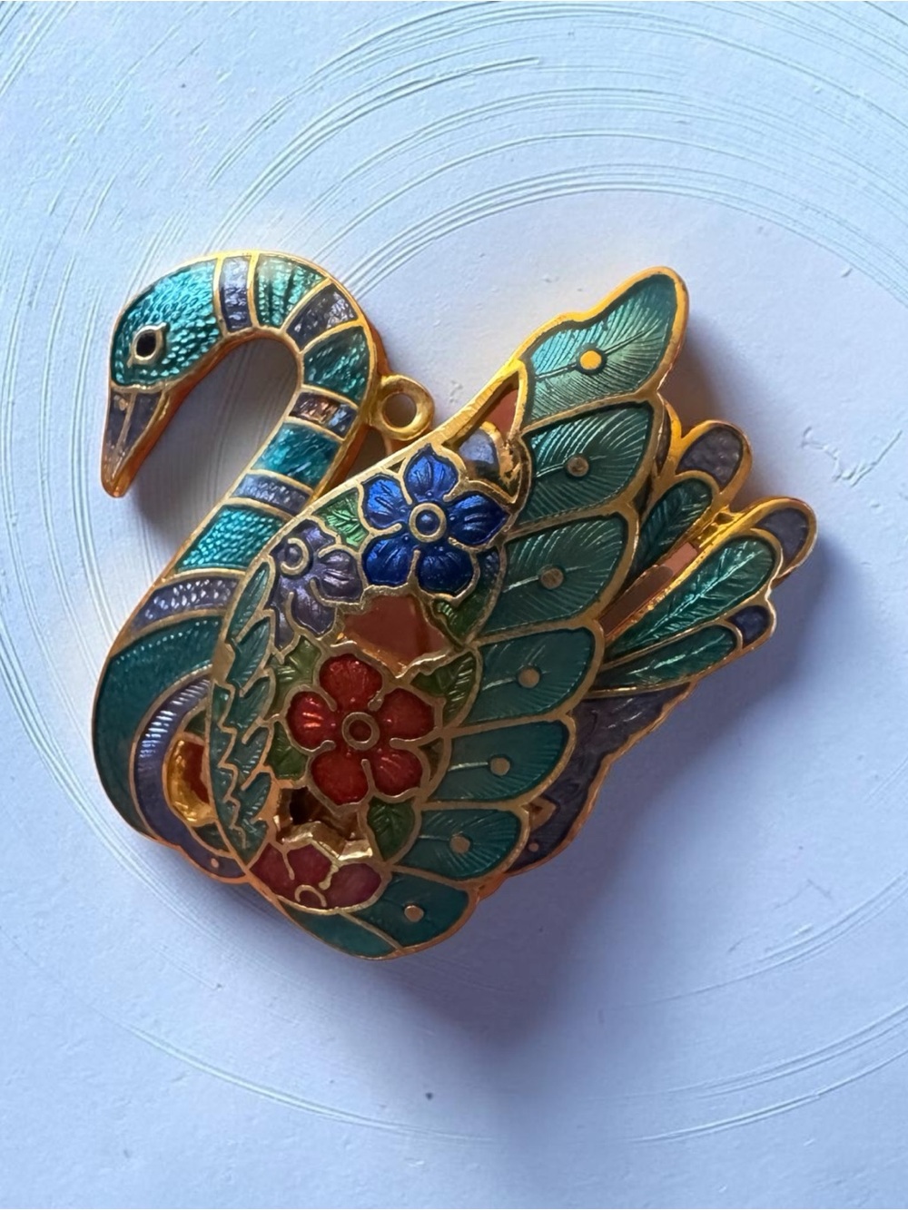 Vintage Cloisonné Enamel Swan Pendant Necklace Charm and Pin/Brooch